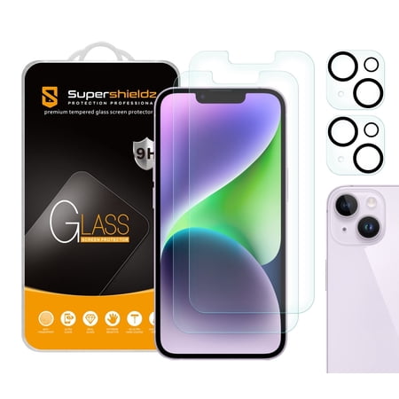 Supershieldz Designed for iPhone 14 (6.1 inch) + Camera Lens Tempered Glass Screen Protector, Anti Scratch, Bubble Free (2 Pack)