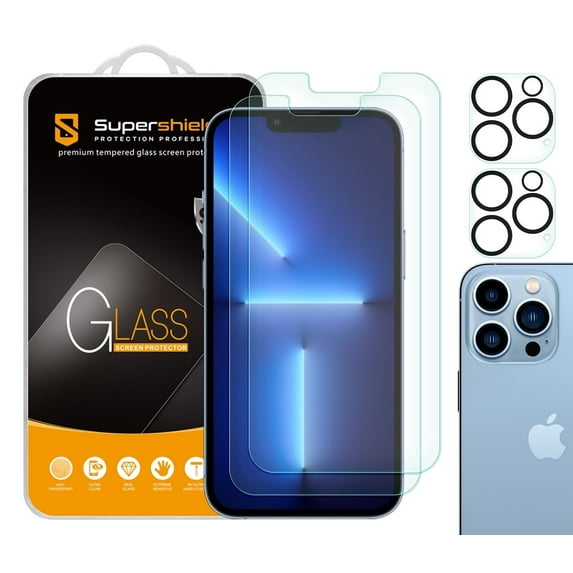 (2-Pack) Supershieldz Designed for Apple iPhone 13 Pro (6.1 inch) + Camera Lens Tempered Glass Screen Protector, Anti-Scratch, Bubble Free