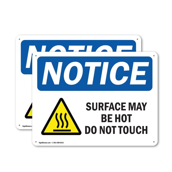 (2 Pack) Surface May Be Hot Do Not Touch OSHA Notice Sign 10 Inch X 7 Inch Plastic Sign, Weather Resistant, UV Protected for Workplace, Business, and Construction Site, Made in the USA