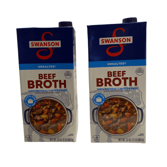 (2 Pack) Swanson 100% Natural Unsalted Beef Broth, 32 oz Carton  No Salt Added, Gluten-Free, No Preservatives