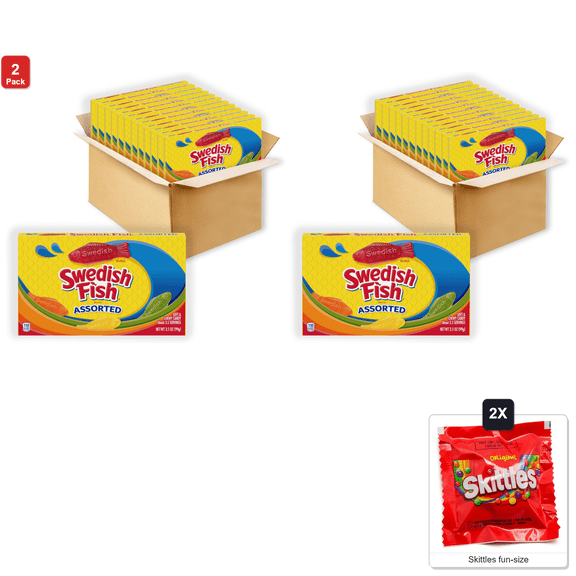 2 Pack | Swedish Fish Assorted Soft and Chewy Candy, 12 Boxes x 3.5 oz Each, with 2 Skittles Fun Size