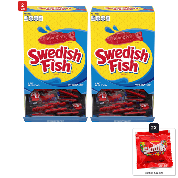 2 Pack | Swedish Fish Individually Wrapped Soft and Chewy Candy, 240 Count Box, with 2 Skittles Fun Size