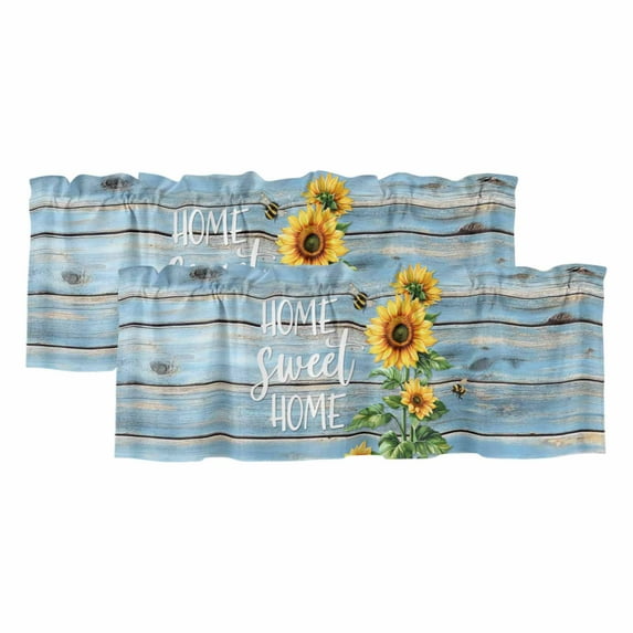 2 Pack Sweet Home Valance for Window Sunflower Vintage Rustic Lake Blue Stripe Wood Board Kitchen Valance Rod Pocket Short Curtain Topper Decorative Window Treatment for Living Room Bedroom 42"x12"