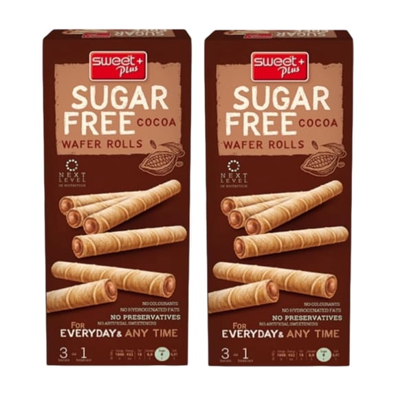 2 Pack - Sweet+Plus Sugar-Free Cocoa Wafer Rolls - Delicious Crispy Wafer Sticks Filled with Chocolate for Healthy Snacking & Daily Tea Time Routine 10oz