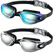 AEGEND 2 Pack Adult Swim Goggles, Soft Fit with Anti Fog and UV Protection, with Protective Case, Aqua & Bright Sliver, Ages 12+