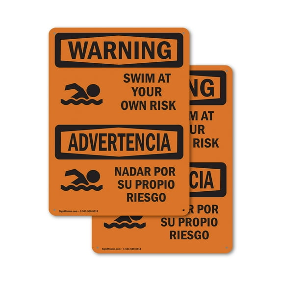 (2 Pack) Swim At Your Own Risk With Symbol Bilingual OSHA Warning Sign 18 Inch X 24 Inch Plastic Sign, Weather Resistant, UV Protected for Workplace, Business, and Construction Site,