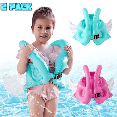 2 Pack Swim Vest,Pink and Green Angel Wings Inflatable Swimming Vest,Adjustable Buckle Pool Float Vests for Swimming and Beach,Fit Under 55 lbs