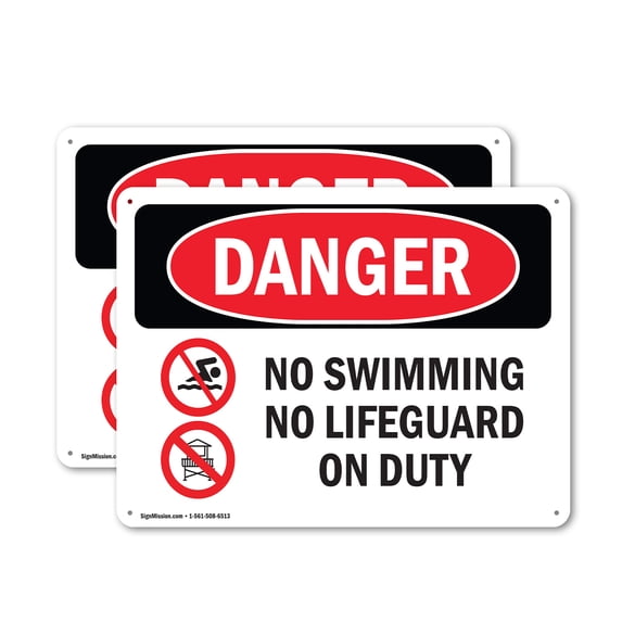 (2 Pack) No Swimming No Lifeguard On Duty OSHA Danger Sign 10 Inch X 7 Inch Plastic Sign, Weather Resistant, UV Protected for Workplace, Business, and Construction Site, Made in the USA