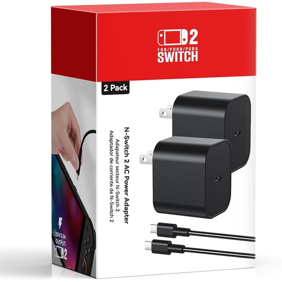 (2 Pack) Switch 2 Charger with 5FT+10FT USB-C Cable Bundle, 60W PD 3.0 Fast Charging Block (20V/3A), AC Power Adapter, 4K TV Dock Mode Support, OEM Replacement for Nintendo Switch 2/1/Lite/Steam Deck