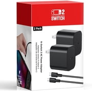 2 Pack Switch 2 Charger with 5FT+10FT USB-C Cable Bundle, 60W PD 3.0 Fast Charging Block 20V/3A, AC Power Adapter, 4K TV Dock Mode Support, OEM Replacement for Nintendo Switch 2/1/Lite/Steam Deck