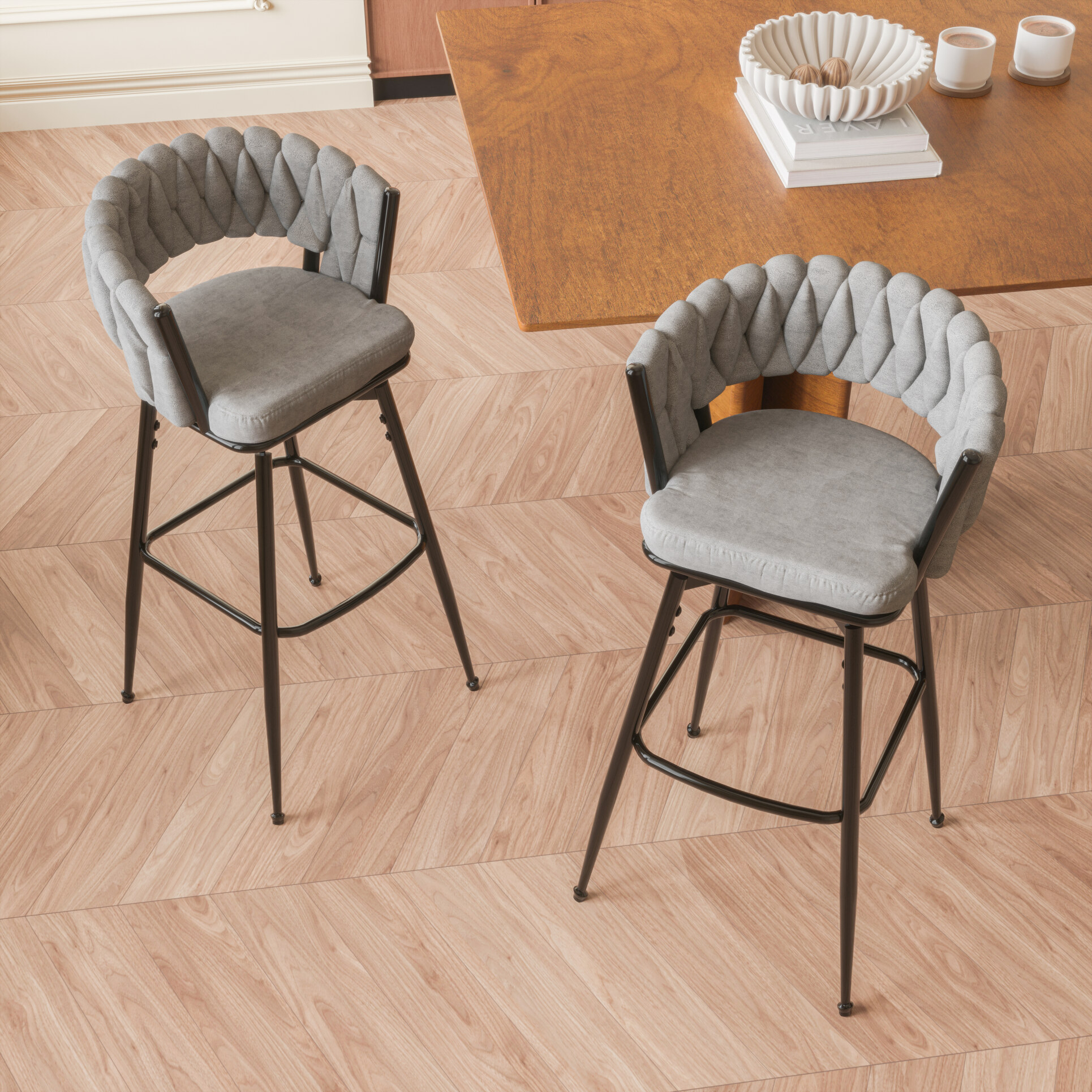 2 Pack Swivel Suede Woven Bar Chair Stool with Black Legs, Back and