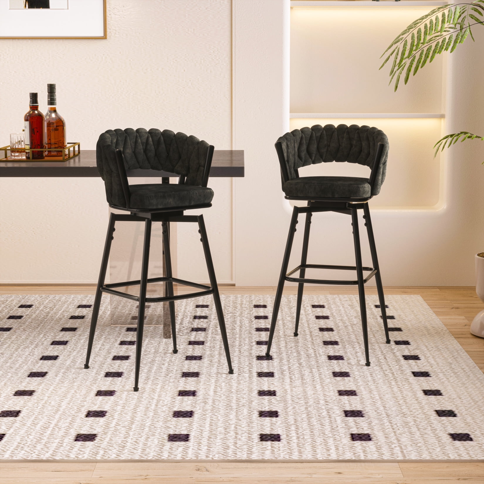 2 Pack Swivel Suede Woven Bar Chair Stool with Black Legs, Back and