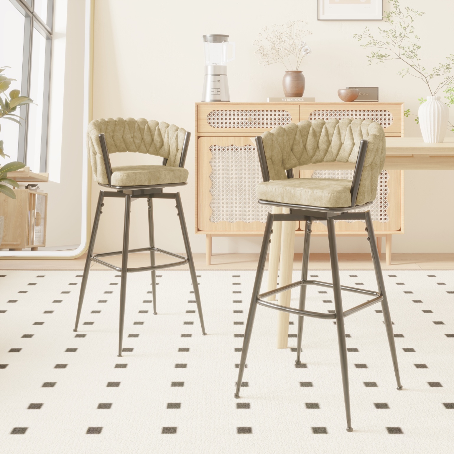 2 Pack Swivel Suede Woven Bar Chair Stool with Black Legs, Back and