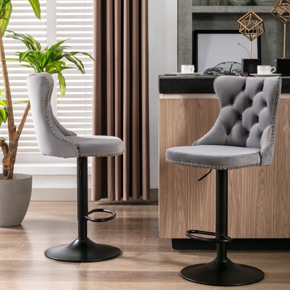 2 Pack Swivel Tufted Back Bar Stool with Adjustable Seat Height, Velvet Counter Chair with Chrome Base and Footrest, Bar Chair with Nailhead Trim for Home Pub and Kitchen Island, Gray+Black