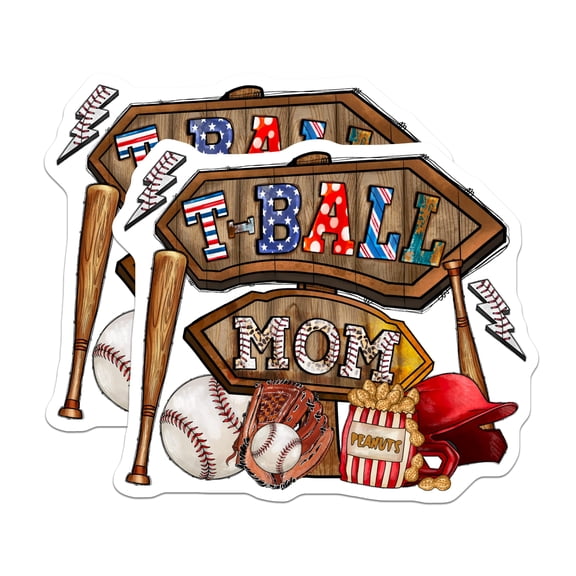 (2 Pack) T-Ball Mom Stickers - Baseball Mom Decals - Rustic Sports Parent Labels - Youth League Team Support - 5" On Longest Side - Sticks to Smooth Flat Surfaces - Made in USA - BMCS27448
