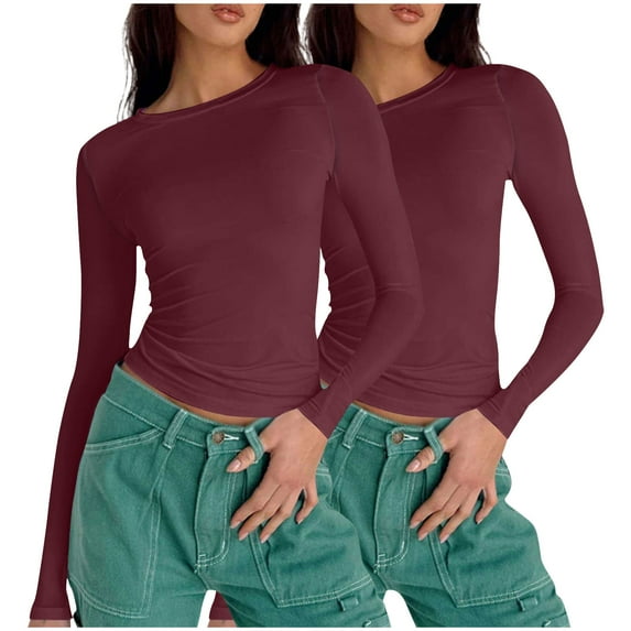 2 Pack T-shirts Womens Slim Fit Long Sleeve Basic Tee Crewneck Y2k Tops Casual Yoga Spring Fall Plain Tshirts (L, Wine)