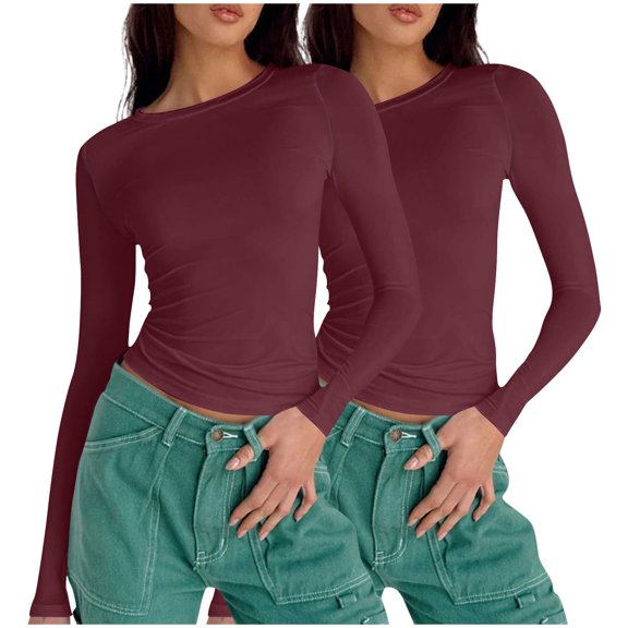 2 Pack T-shirts Womens Slim Fit Long Sleeve Basic Tee Crewneck Y2k Tops Casual Yoga Spring Fall Plain Tshirts (L, Wine)