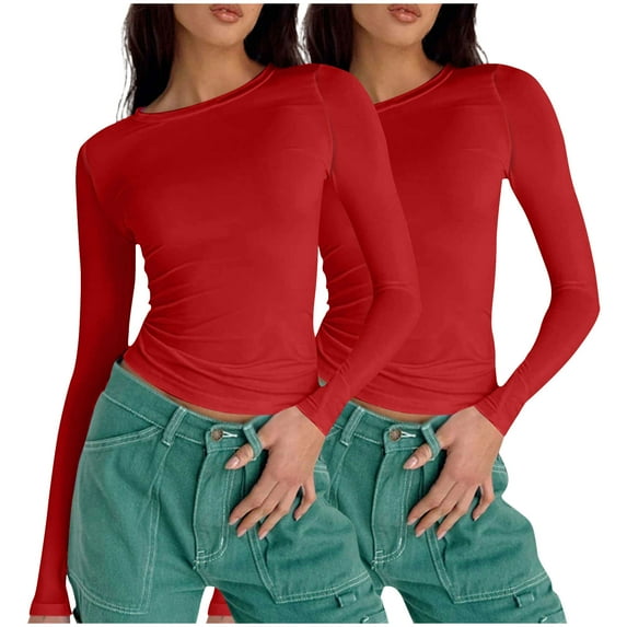 2 Pack T-shirts Womens Slim Fit Long Sleeve Basic Tee Crewneck Y2k Tops Casual Yoga Spring Fall Plain Tshirts (M, Red)