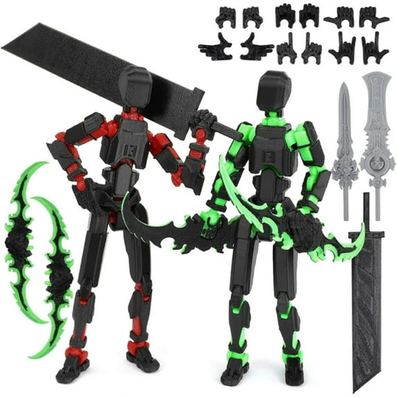 2-Pack T13 Action Figure Already Assembled, Multi-Colored Titan 13 Action Figure Set with Laser Saber 3D Printed T 13 Lucky Robo Dummy Nova 13 Action Figures(Black&Red + Illidan Black&Green,2PCS)