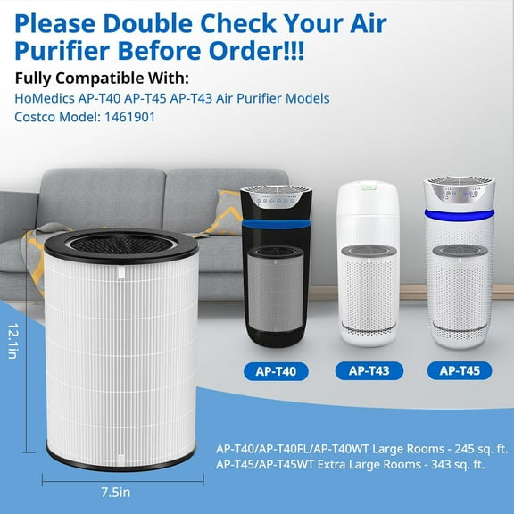 2 Pack -T45 -T40FL HEPA Replacement Filter Compatible with 1461901  5 in 1 Total Clean Air Purifier 1461901 Replacement Filter, -T40, -T43, -T45-BK and -T45-WT,Costco 1461901