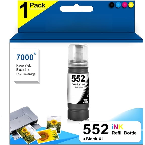 2-Pack T552 552 Black Pigment Ink Refill Bottles Replacement for ET-8500 ET-8550 8500 8550 Printer, T552020-S 552 BK 552BK 552BKS T552BK Ultra-high Capacity Ink Bottle