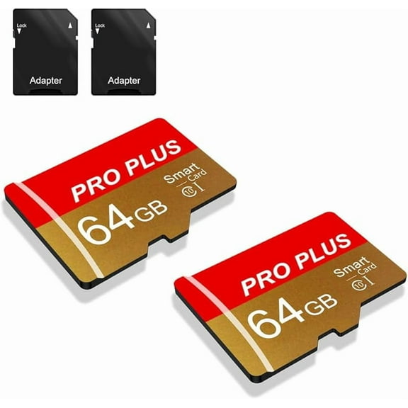 2 Pack TF Card 64GB with Adapter, High Speed Memory Card, UHS-I C10 A1 Memory TF Card for Tablet/Mobile Phone/Camera/Car Audio/Game Console (Red Gold 64GB)