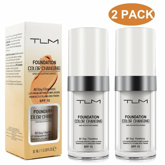 2 Pack TLM Color Changing Foundation, All Day Flawless Finish Liquid Base Makeup Nude Face Concealer Cover Cream SPF 15