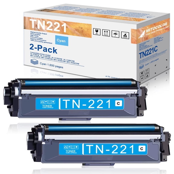 2-Pack TN221C TN-221 Cyan Toner Cartridge Replacement for Brother TN221 TN-221C MFC-9130CW HL-3170CDW HL-3140CW MFC-9330CDW Printer