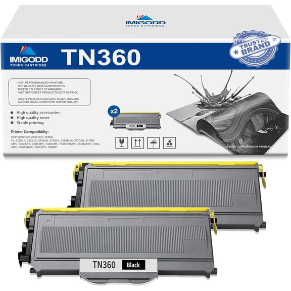 2-Pack TN360 Black Toner Cartridge Replacement for Brother High Capacity 3,000 Pages with DCP-7030 7040 7045N HL-2120 2125 2140 2150 2170 MFC-7040 7340 7345DN 7440 7840 Printer
