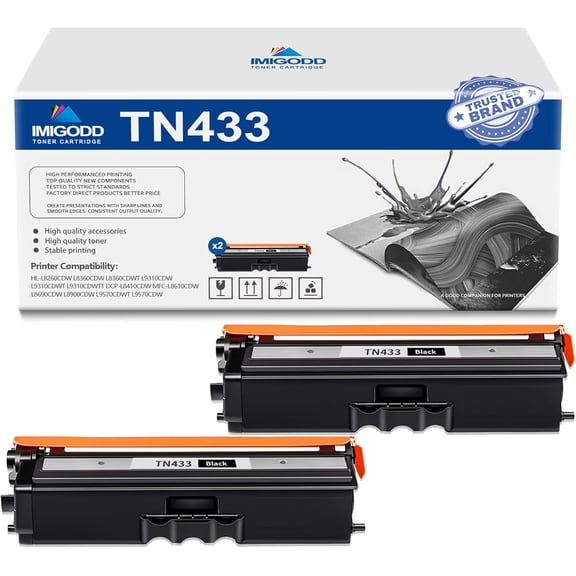 2-Pack TN433 Black Toner Cartridge Replacement for Brother 5,000 Pages with HL-L8260CDW L8360CDW L8360CDWT L9310CDW L9310CDWT L9310CDWTT DCP-L8410CDW MFC-L8610CDW L8690CDW L8900CDW L9570CDWT Printer
