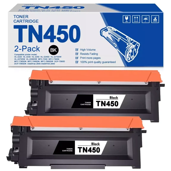 2 Pack TN450 Toner Cartridge High Yield for Brother HL-2280DW 7360N HL-2270DW