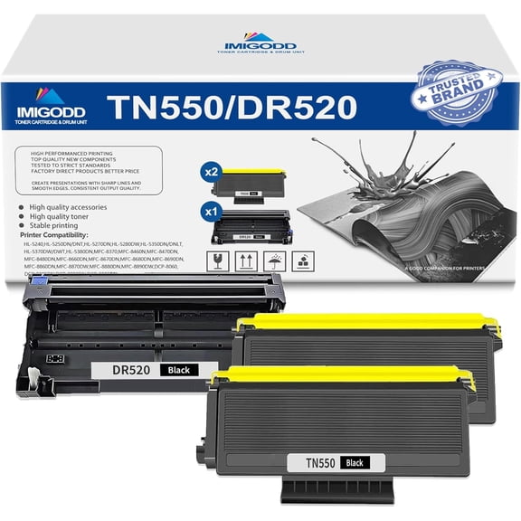 2-Pack TN550 Black Toner Cartridge & 1-Pack DR520 Black Drum Unit Replacement for Brother High Capacity with HL-5240 5250DN/DNT 5270DN 5280DW 5350DN/DNLT 5370DW/DWT 5380DN MFC-8370 8460N Printer