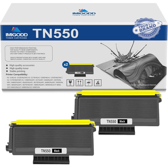 2-Pack TN550 Black Toner Cartridge Replacement for Brother High Capacity 4,500 Pages with HL-5240 5250DN/DNT 5270DN 5280DW 5350DN/DNLT 5370DW/DWT 5380DN MFC-8370 8460N 8470DN 8480DN 8660DN Printer