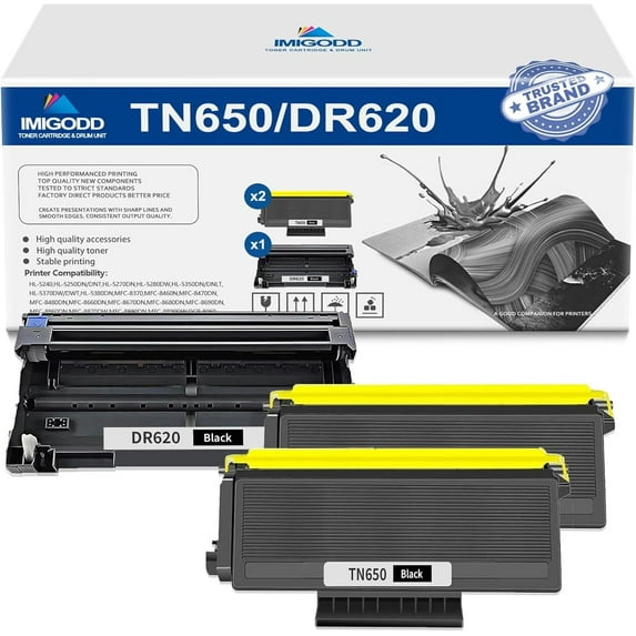 2-Pack TN650 Black Toner Cartridge & 1-Pack DR620 Black Drum Unit Replacement for Brother High Capacity with HL-5240 5250DN/DNT 5270DN 5280DW 5350DN/DNLT 5370DW/DWT 5380DN MFC-8370 8460N Printer