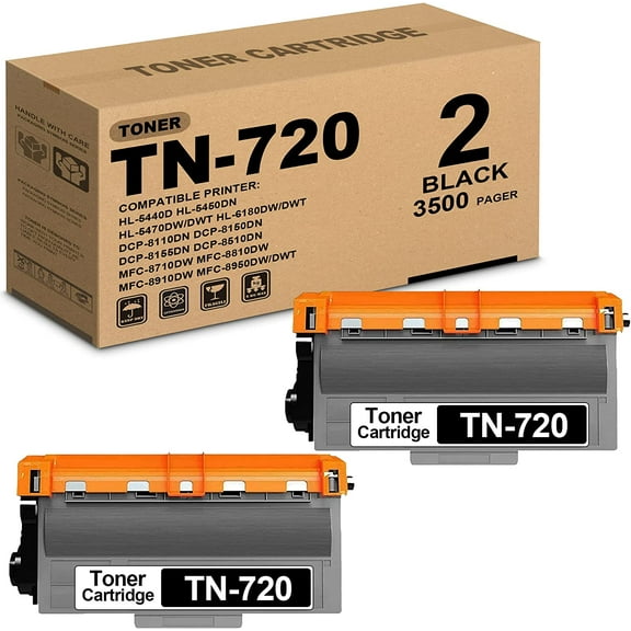 2 Pack TN720 TN-720 Black Toner Cartridge Compatible Replacement for Brother HL-5440D 5450DN 5470DW/DWT DCP-8110DN 8150DN 8155DN MFC-8710DW 8810DW 8910DW Printers
