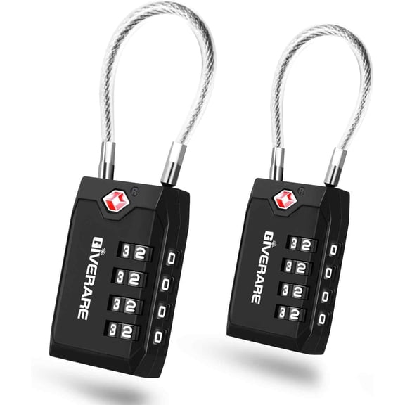 2 Pack TSA Approved Travel Luggage Locks, 4-Digit Cable Combination Suitcase Lock, Metal Alloy Padlocks, Weatherproof Padlock for Locker, Bag, Gun Case, Backpack, Anti Theft, Easy Read Dials-Black