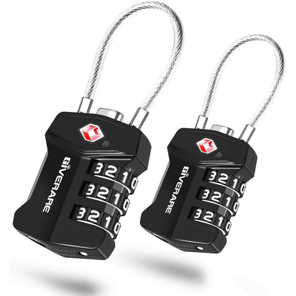 2 Pack TSA Approved Travel Luggage Locks, Cable Combination Lock Alloy, Metal Keyless 3-Digit Padlocks, Weatherproof TSA Accepted Padlock for Gym Locker, Golf Bag Case, Backpack, Black-by GIVERARE