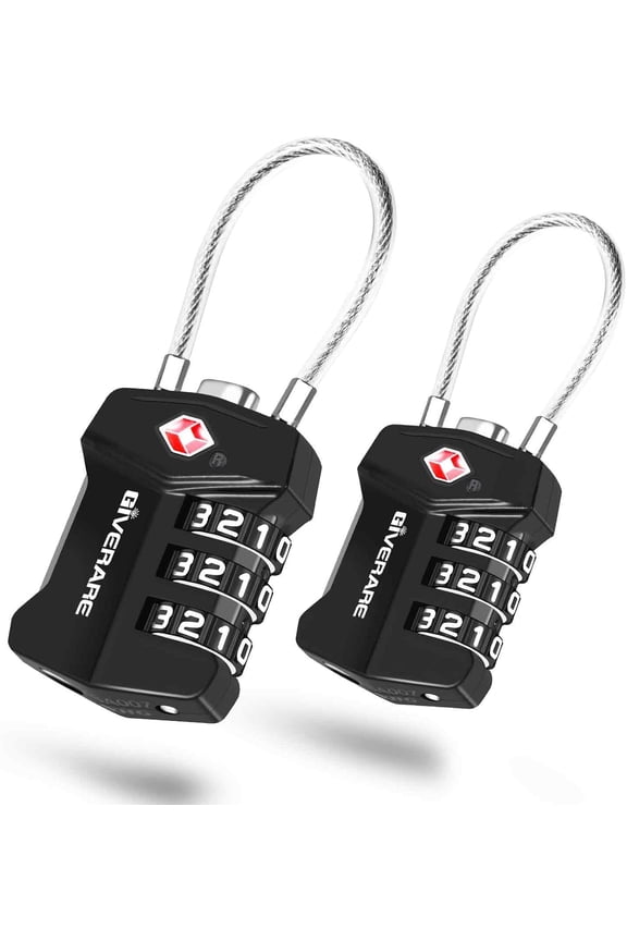 2 Pack TSA Approved Travel Luggage Locks, Cable Combination Lock Alloy, Metal Keyless 3-Digit Padlocks, Weatherproof TSA Accepted Padlock for Gym Locker, Golf Bag Case, Backpack, Black-by GIVERARE