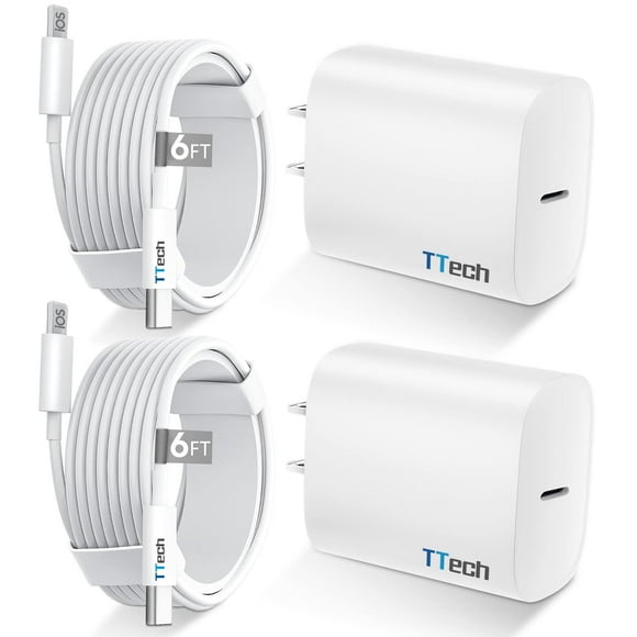 2 Pack TTECH Real 20W Super Fast Charger USB-C Wall Power Adapter + 6FT Fast Charging Cable Travel Kit compatible with iPhone 14 / 13 / 12 / 11 Pro Max Mini, 8/7/6 Plus, X/XS/XR/SE