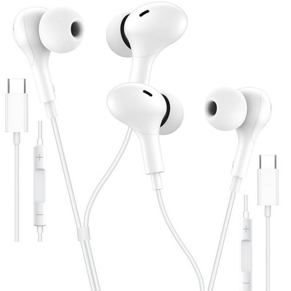 2 Pack TTech Type C Wired Headphones USB-C Earbuds Earphones Compatible with iPhone 16 Pro Max / 16 Pro / 16 Plus / for Samsung Galaxy S24/S23/S22/S21 Ultra, Google Pixel 8/7/6/6a, White