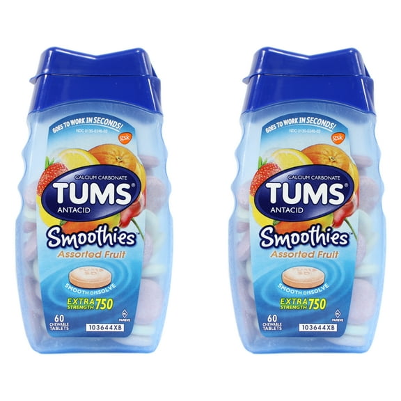 2 Pack - TUMS Smoothies Antacid/Calcium Supplement, Assorted Fruit, 60 Each