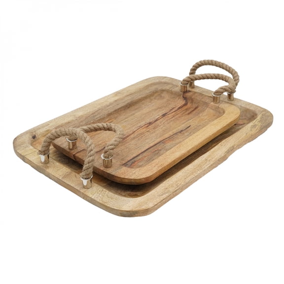 2 Pack Tabari Wood Trays with Jute Handles Rustic Decorative Serving Trays for Home  Kitchen & Display