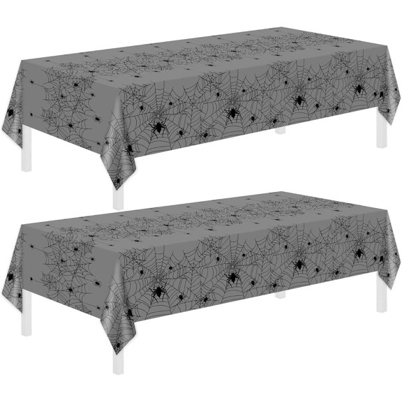 2 Pack  Tablecloths,54"x108" Plastic Table Cloth Disposable for Rectangle Tables,Table Cover for Dinner Outdoor Picnic Birthday Bridal Wedding Baby Shower Party Decoration Halloween Gray Web