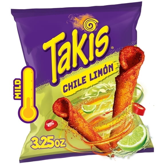 2 Pack - Takis Chile Limon 3.25 oz Snack Size Bag, Chili & Lime Rolled Tortilla Chips