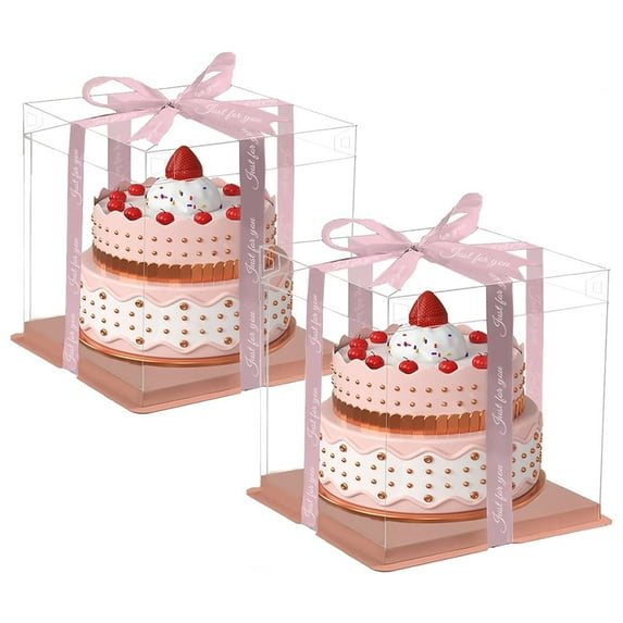 2 Pack Tall Cake Boxes, Dingrich 10.24 x 10.24 x 9.84 inch Bakery Boxes for Tier Cakes, Disposable Cake Carrier Box with Ribbon, Clear Cake Box for Wedding Birthday Party (Pink)