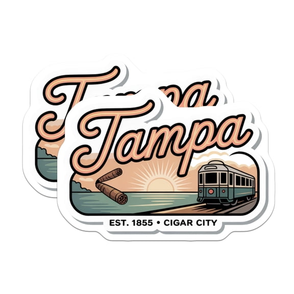 (2 Pack) Tampa Florida Stickers - Cigar City - Streetcar Souvenir - 5" On Longest Side - Sticks to Smooth Flat Surfaces - Made in USA - BMCS17300