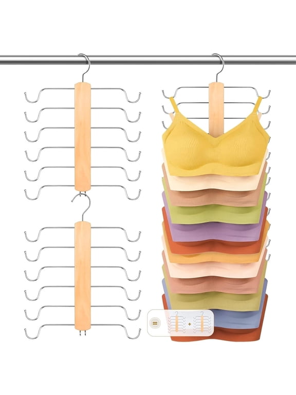 2 Pack Tank Top Hanger, Wooden Bra Organizer for Closet with 360 Rotation, Space Saving Hanging Hook for Camisoles, Sport Bras & Lingeries, Holds Up to 12 Items