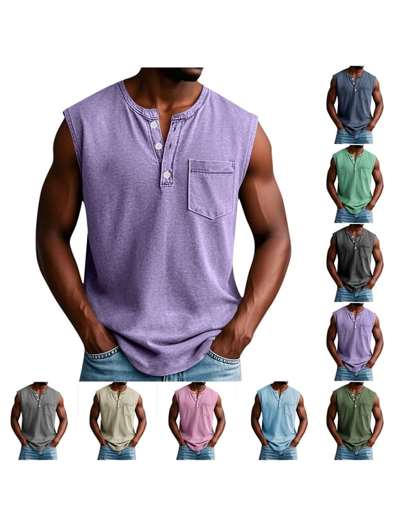2 Pack Tank Tops for Men with Pocket and Button Crewneck Sleeveless Shirts Mens Casual Solid Color Pullover Breathable Loungewear Streetwear Vests