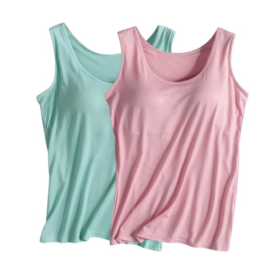 2 Pack Tank Tops for Women with Built in Bra Plus Size Crewneck S-4XL Sleeveless Tanks Summer Base Tees (3XL, Pink/Green)