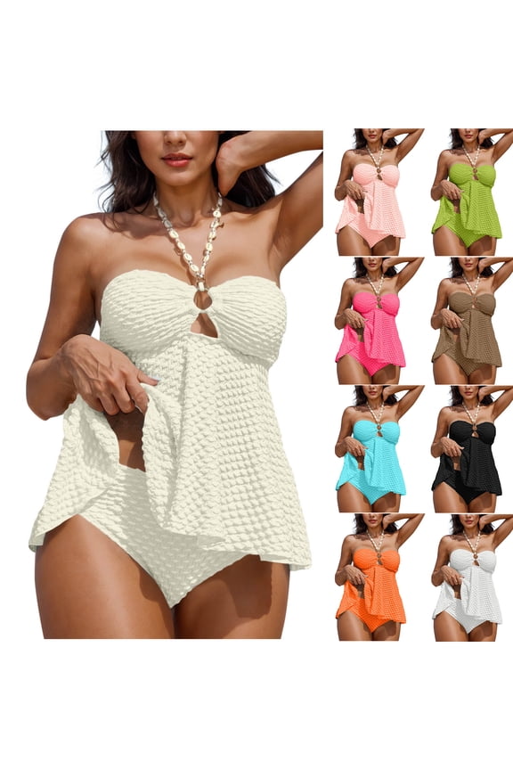 2 Pack Tankini Swimsuits for Women Separates Two Piece Push-Up Bathing Suits Womens Trendy Solid Color Halterneck Tops Swimwear Swimsuit